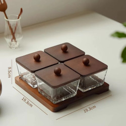 Wooden & Glass Serving Platter with Wooden Stand - 4 Pieces